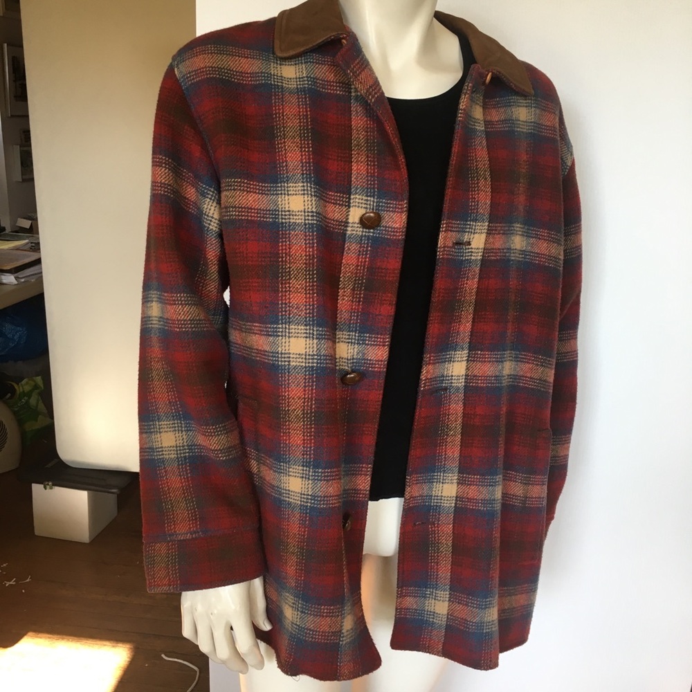 Wool blend plaid pea coat leather collar & buttons